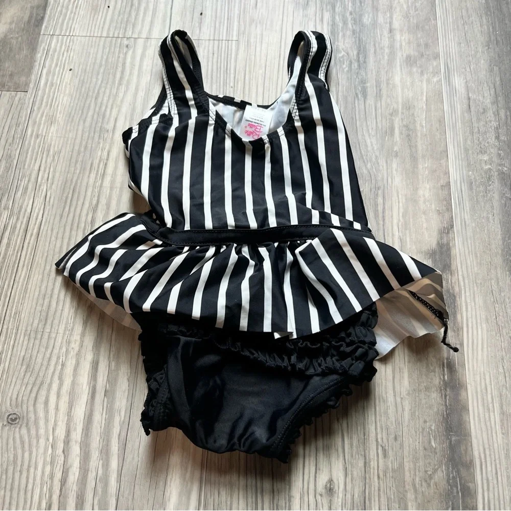 RuffleButts Black White Striped Skirted One Piece Swimsuit
